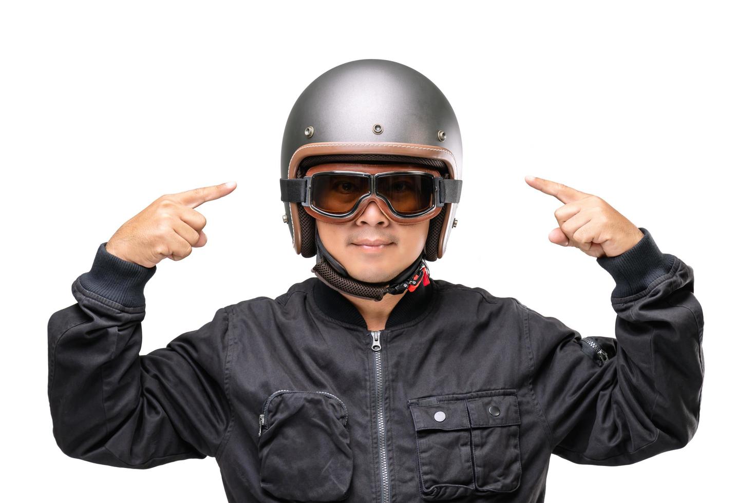 Motorcyclist or rider wearing vintage helmet. Safe ride campaign concept. Studio shot isolated on white photo