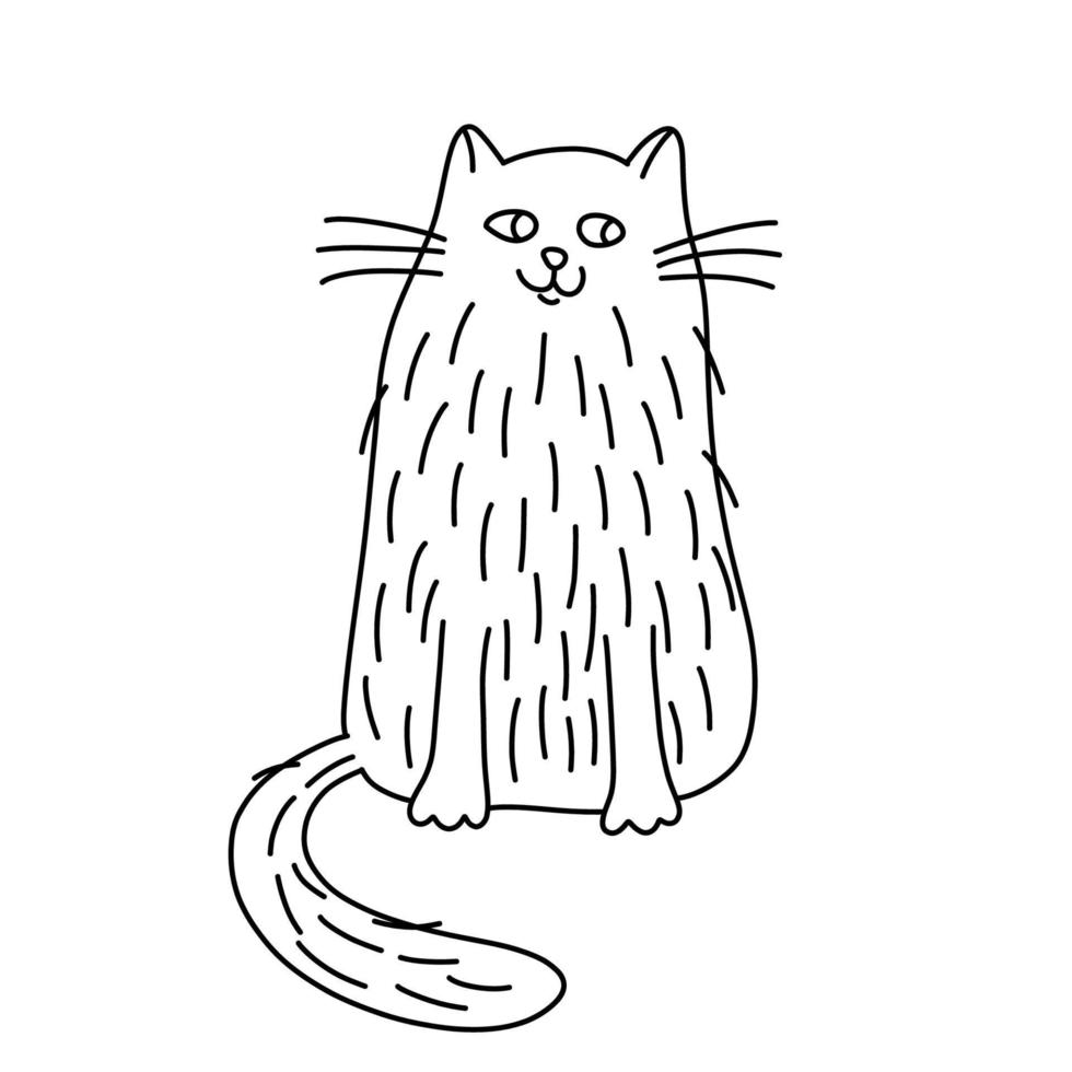 Happy fluffy cat in doodle style. Hand drawn vector illustration. Isolated black outline