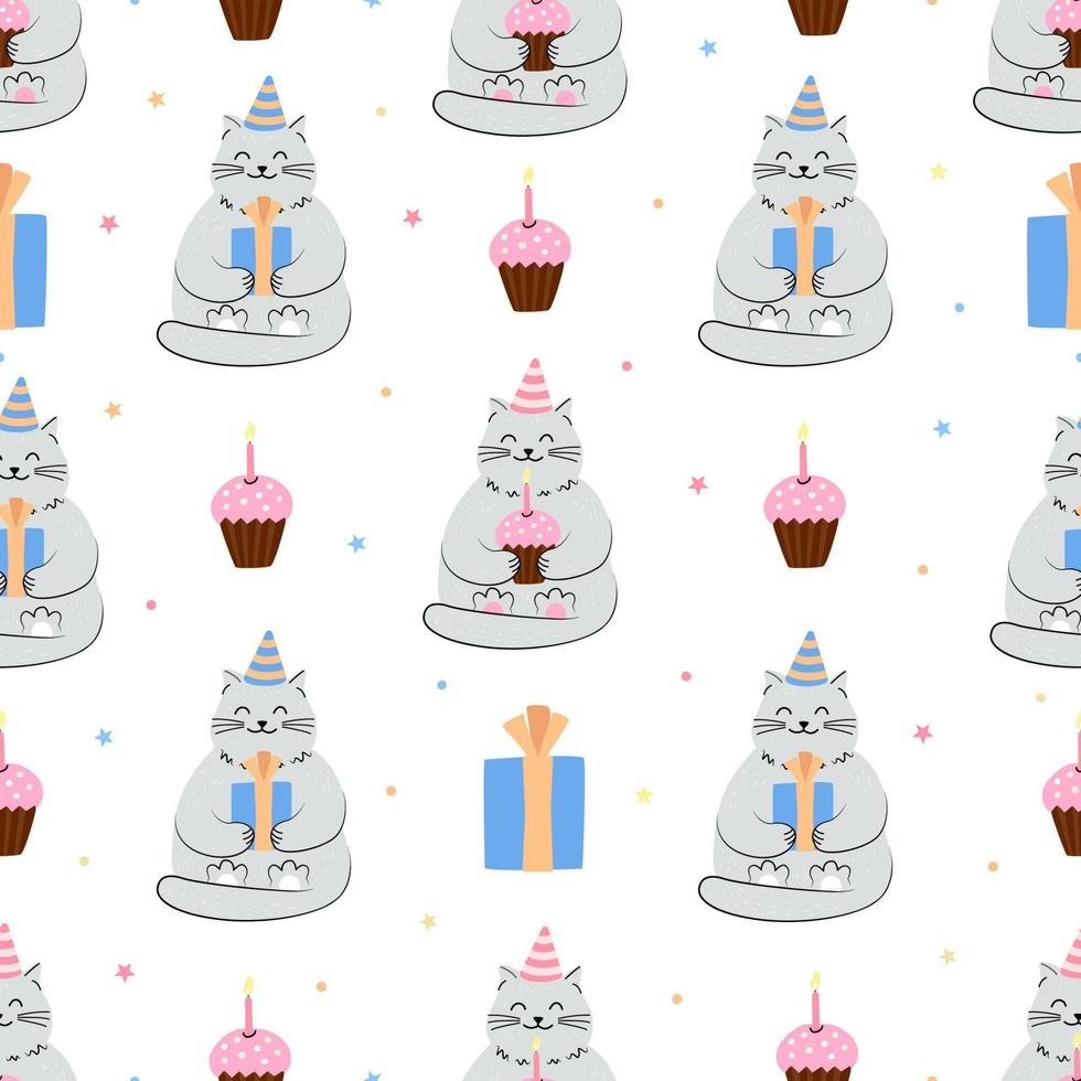 seamless pattern with cats with birthday cupcakes and gift boxes. Hand drawn flat illustration. Great for wrapping paper. vector