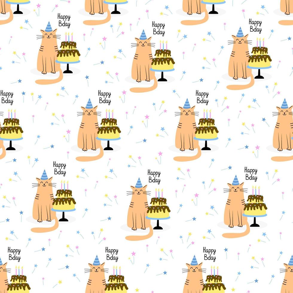 Seamless pattern with cats and birthday cakes. Hand drawn flat illustration and Happy Bday lettering. Great for wrapping paper vector