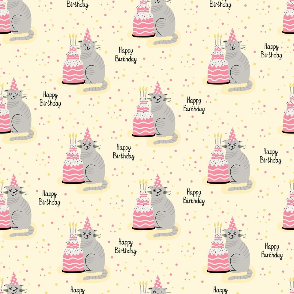 Vector seamless pattern with cats and birthday cakes. Hand drawn flat illustration and Happy Birthday lettering. Great for wrapping paper.