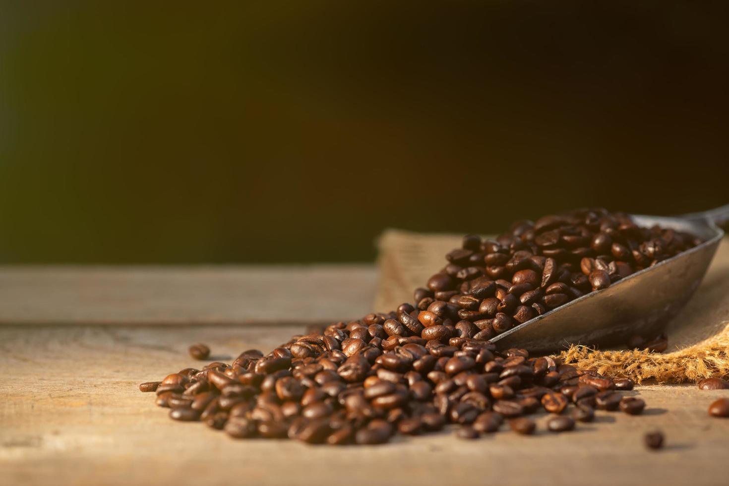 grano de café sobre fondo de mesa de madera. concepto de alimentos y bebidas foto