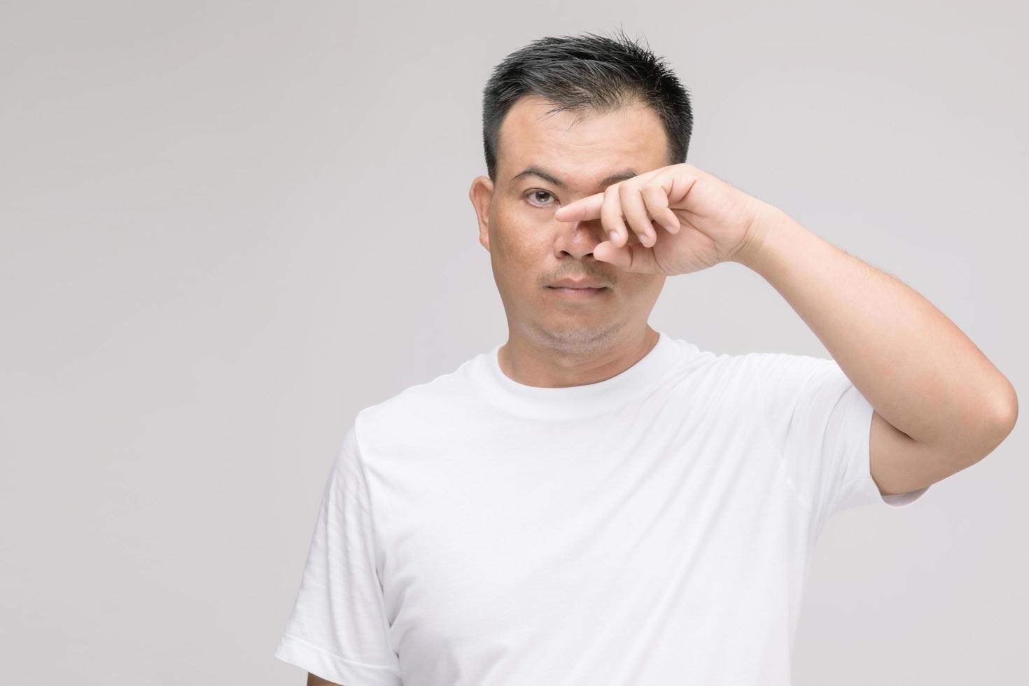 Eye irritation concept. Portrait of Asian man in posture of eye tired,  irritation or problem about his eye. Studio shot isolated on grey photo