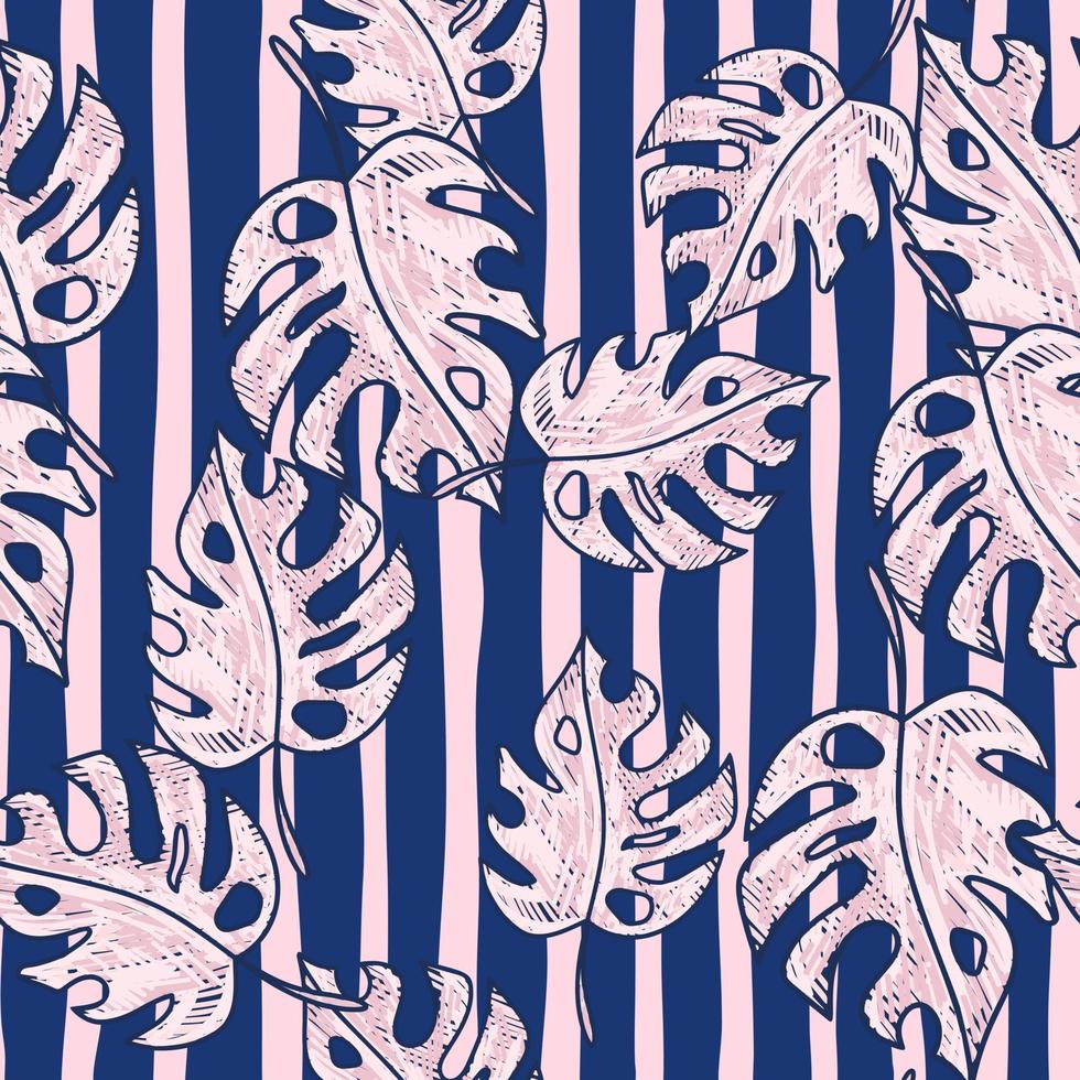 Scribble monstera leaves tropical seamless pattern. Hand drawn exotic hawaiian jungle backdrop. Rainforest background. vector