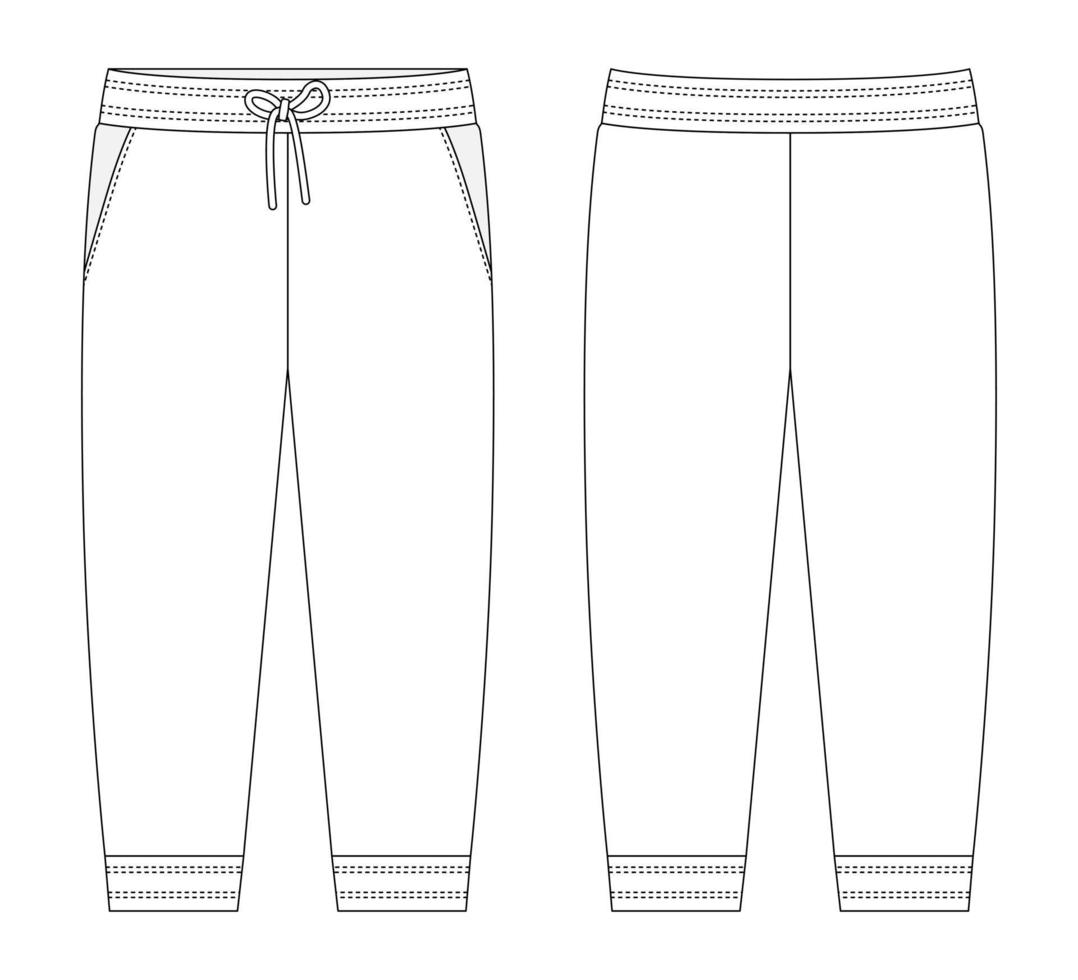 Sport style pants with pockets technical sketch. KIds trousers design template. vector