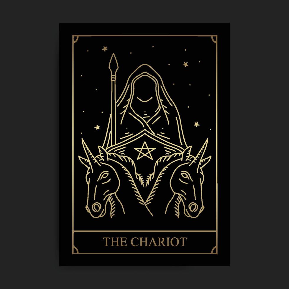 Chariot magic major arcana tarot card in golden hand drawn style vector