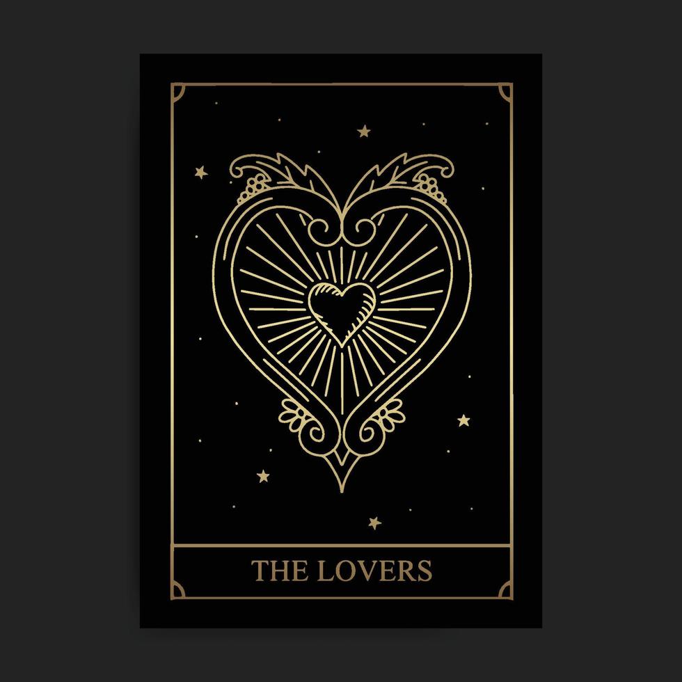 la carta del tarot de los arcanos mayores mágicos de los amantes en estilo dorado dibujado a mano vector