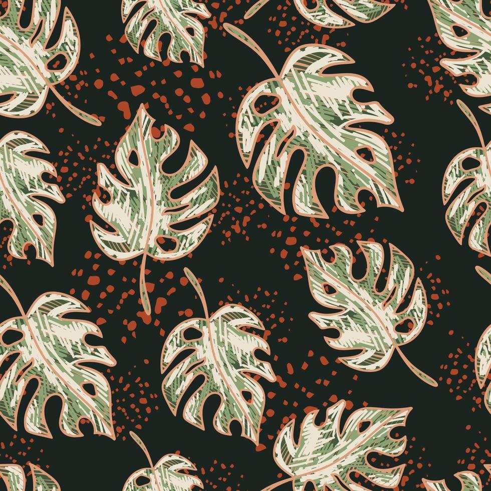 Scribble monstera leaves tropical seamless pattern. Hand drawn exotic hawaiian jungle backdrop. Rainforest background. vector