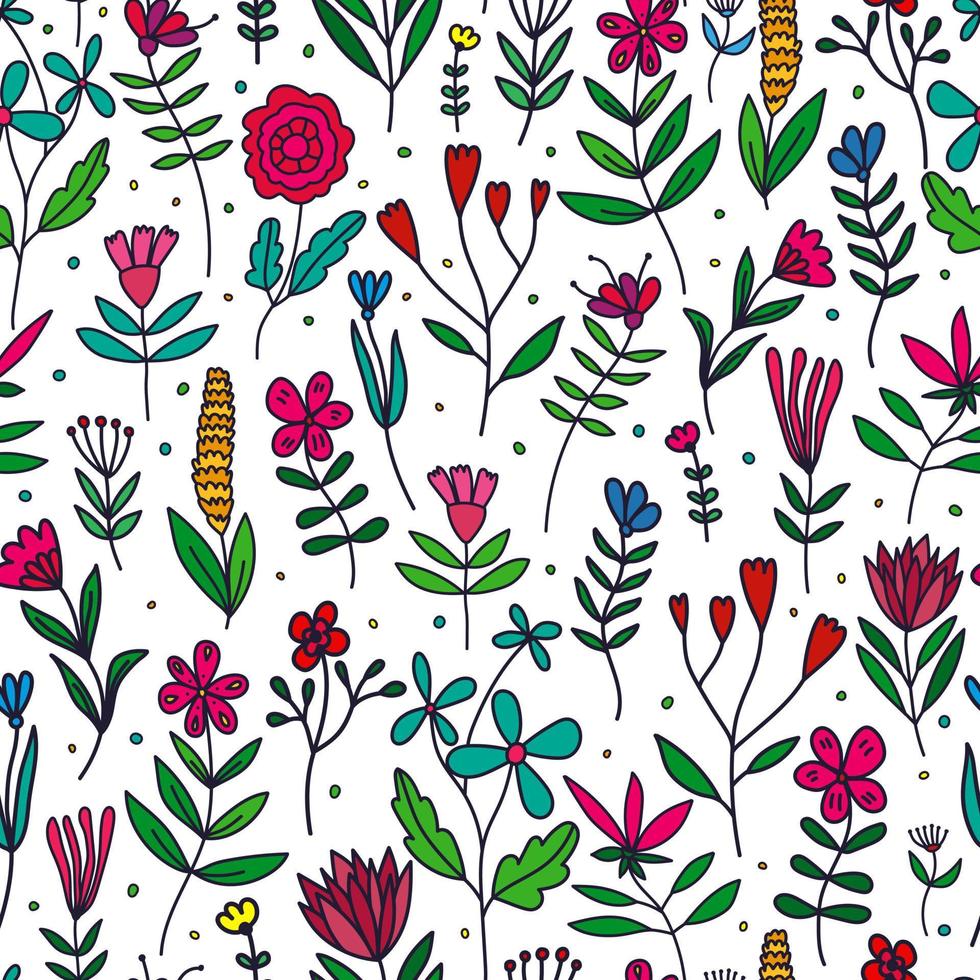 doodle flores y hojas de patrones sin fisuras. papel tapiz floral dibujado a mano. plantas telón de fondo sin fin. lindo fondo botánico. vector