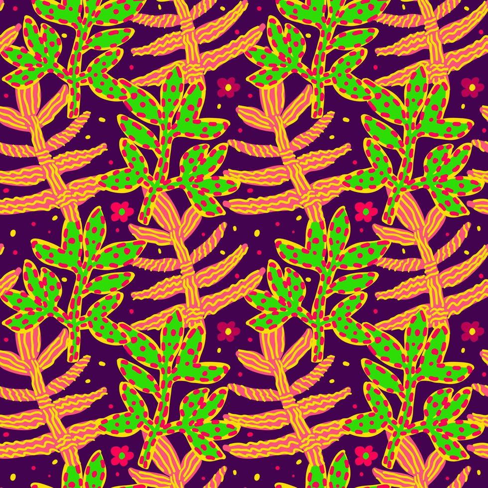 Strange leaves seamless pattern. Naive art style. Abstract floral wallpaper. vector