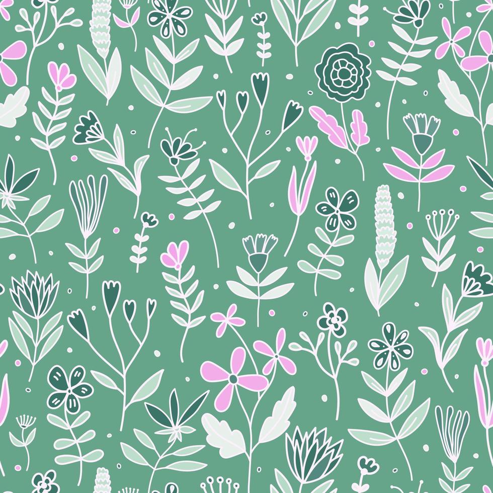 flores dibujadas a mano y hojas de patrones sin fisuras. lindo papel tapiz floral. fondo botánico en estilo garabato. vector