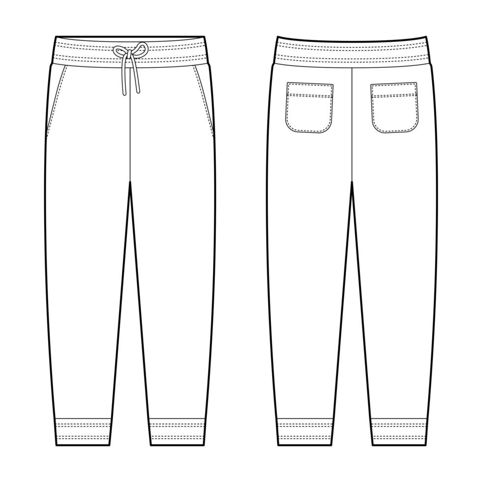 Technical sketch of casual pants with pockets. KIds trousers design