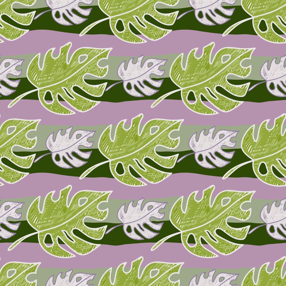 Scribble monstera leaves tropical seamless pattern. Hand drawn exotic hawaiian jungle backdrop. Rainforest background. vector