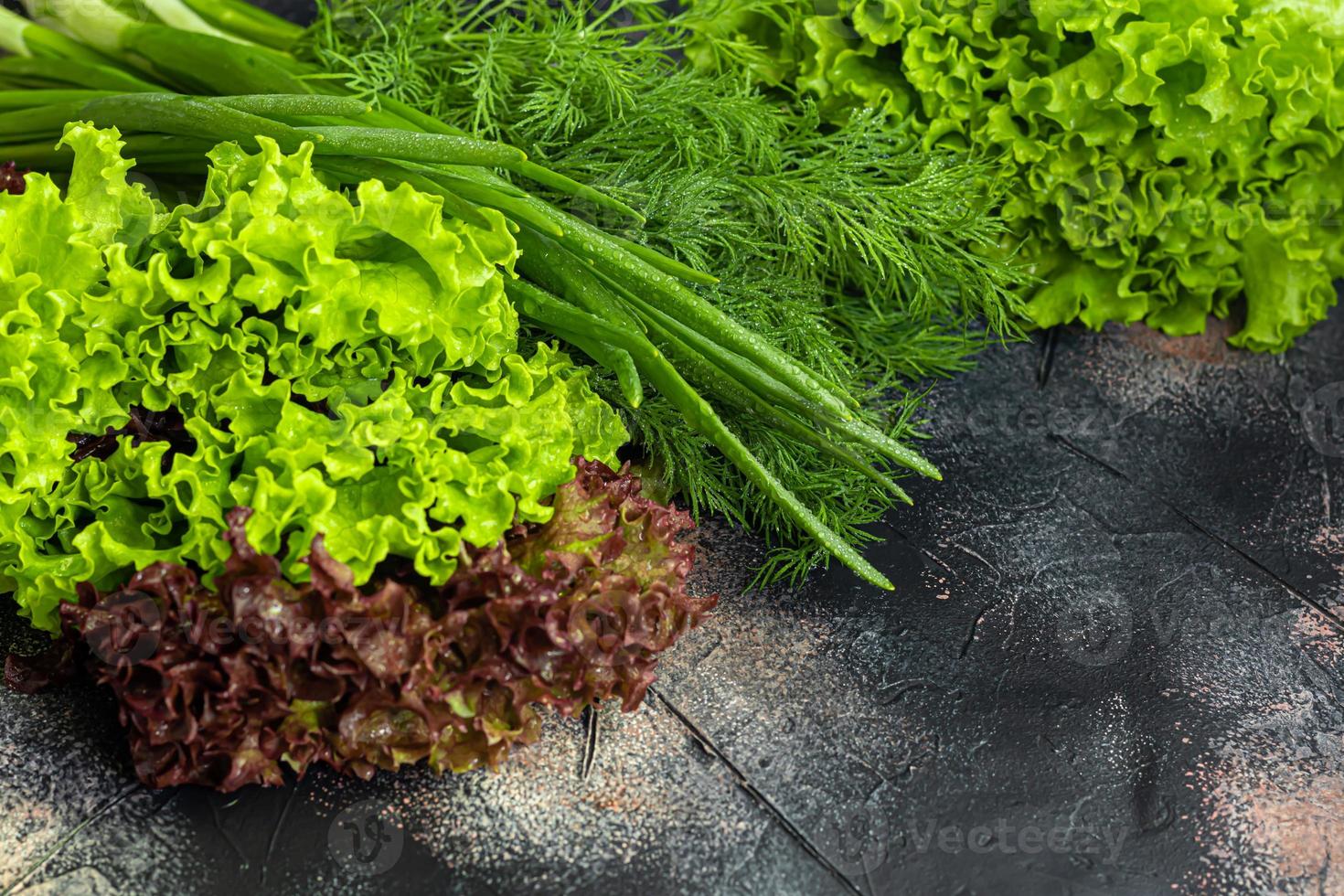 Fresh vegetables for salad. Tomatoes and lettuce, cucumbers with zucchini and cabbage with dill. Spring harvest, benefits and vitamins. On a dark background. photo