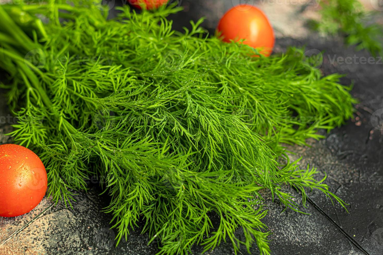 Fresh vegetables for salad. Tomatoes and lettuce, cucumbers with zucchini and cabbage with dill. Spring harvest, benefits and vitamins. On a dark background. photo