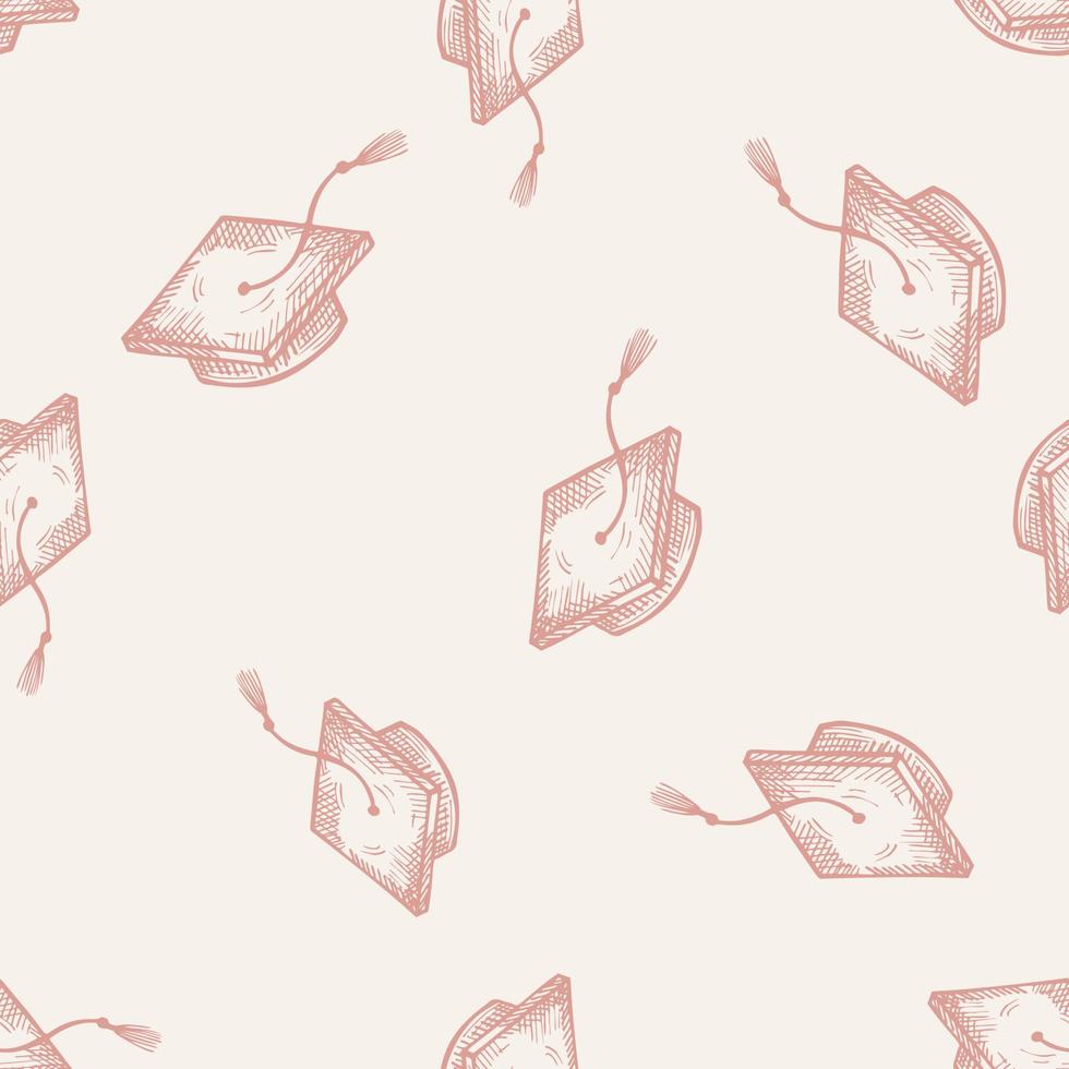 Graduate hats engraved seamless pattern. Vintage element education in hand drawn style. vector
