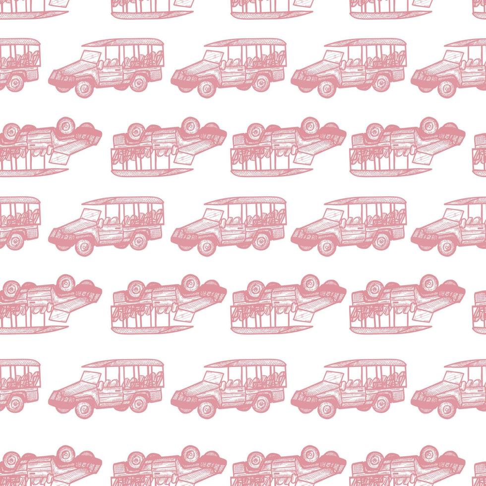 Safari bus engraved seamless pattern. Vintage adventure off road car in hand drawn style. vector