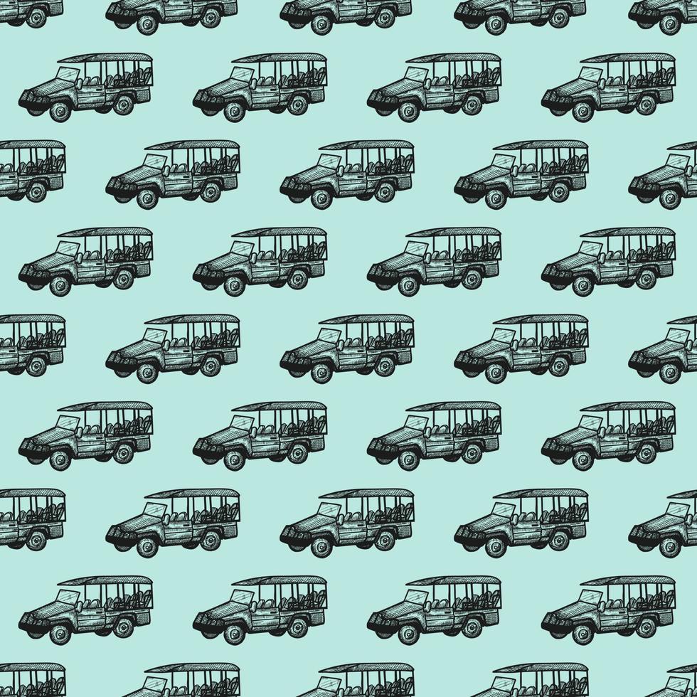 Safari bus engraved seamless pattern. Vintage adventure off road car in hand drawn style. vector