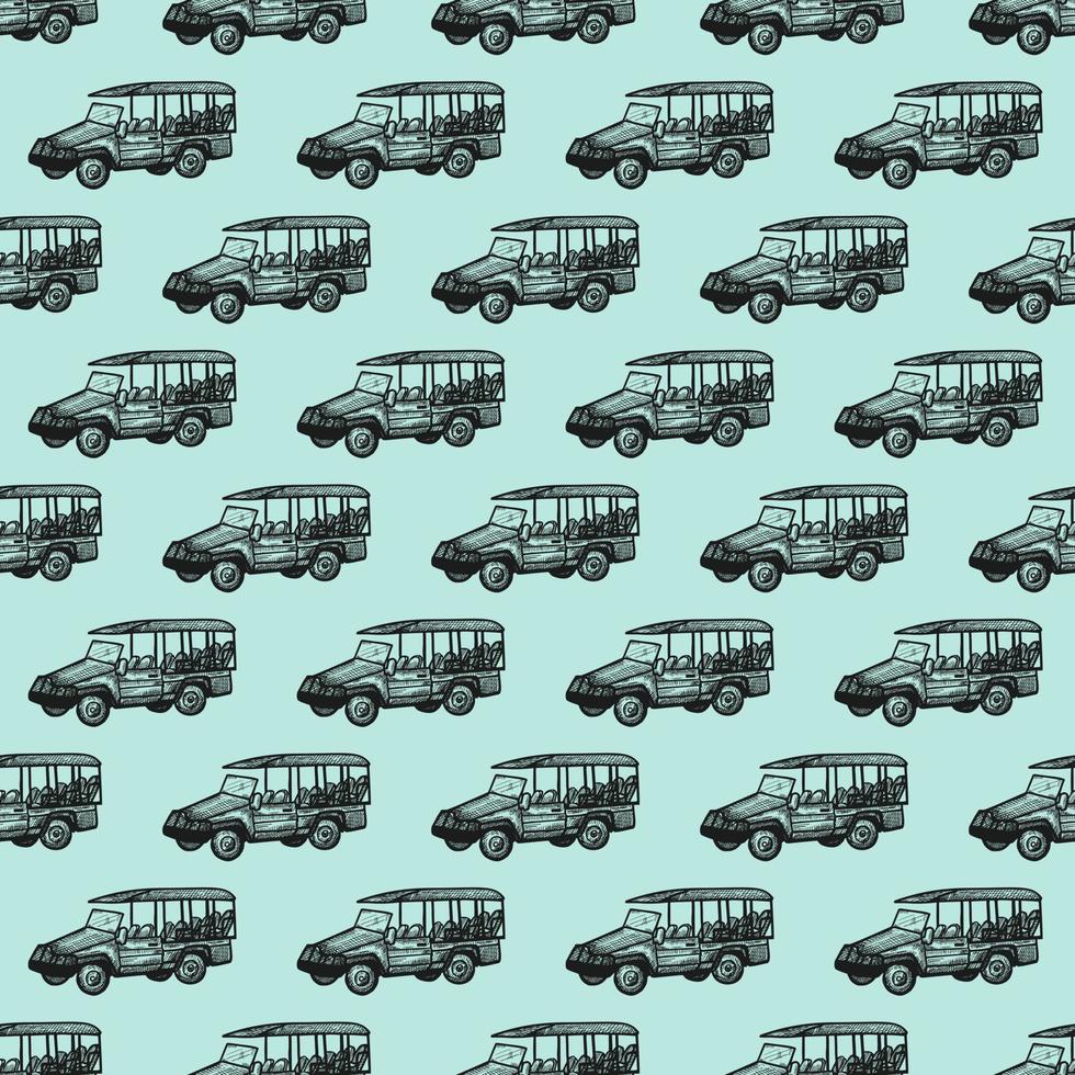 autobús safari grabado de patrones sin fisuras. aventura vintage todoterreno en estilo dibujado a mano. vector