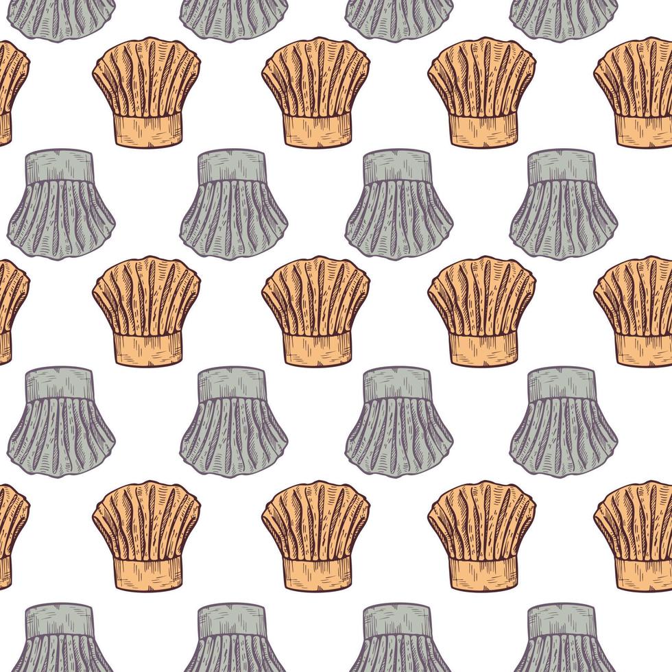 Chef hat engraved seamless pattern. Kitchen traditional element for cook in hand drawn style. vector