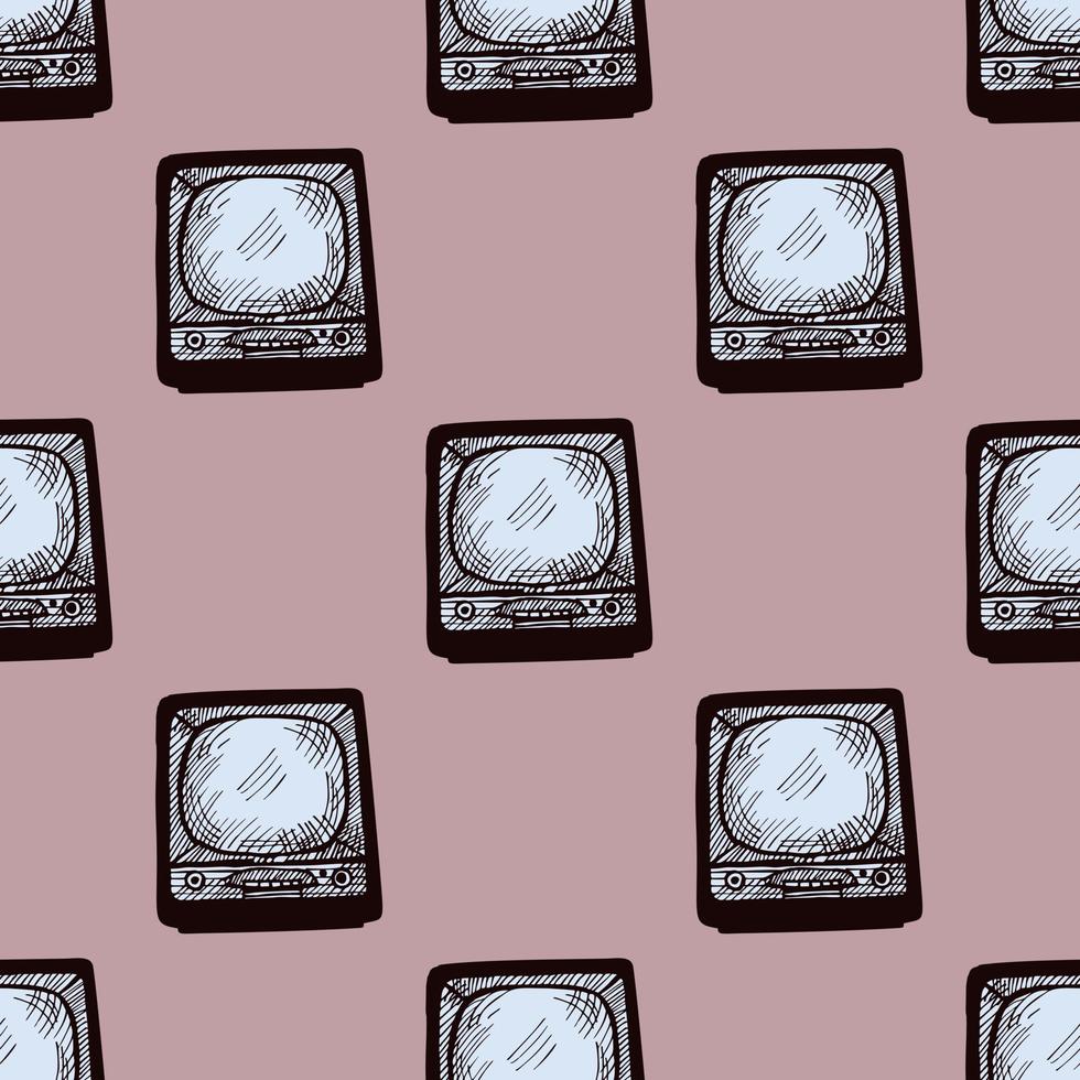 Retro TV engraved seamless pattern. Vintage television media equipment in hand drawn style. vector