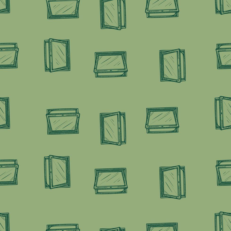 Opened window lean forward seamless pattern. Retro element inside wall in hand drawn style. vector