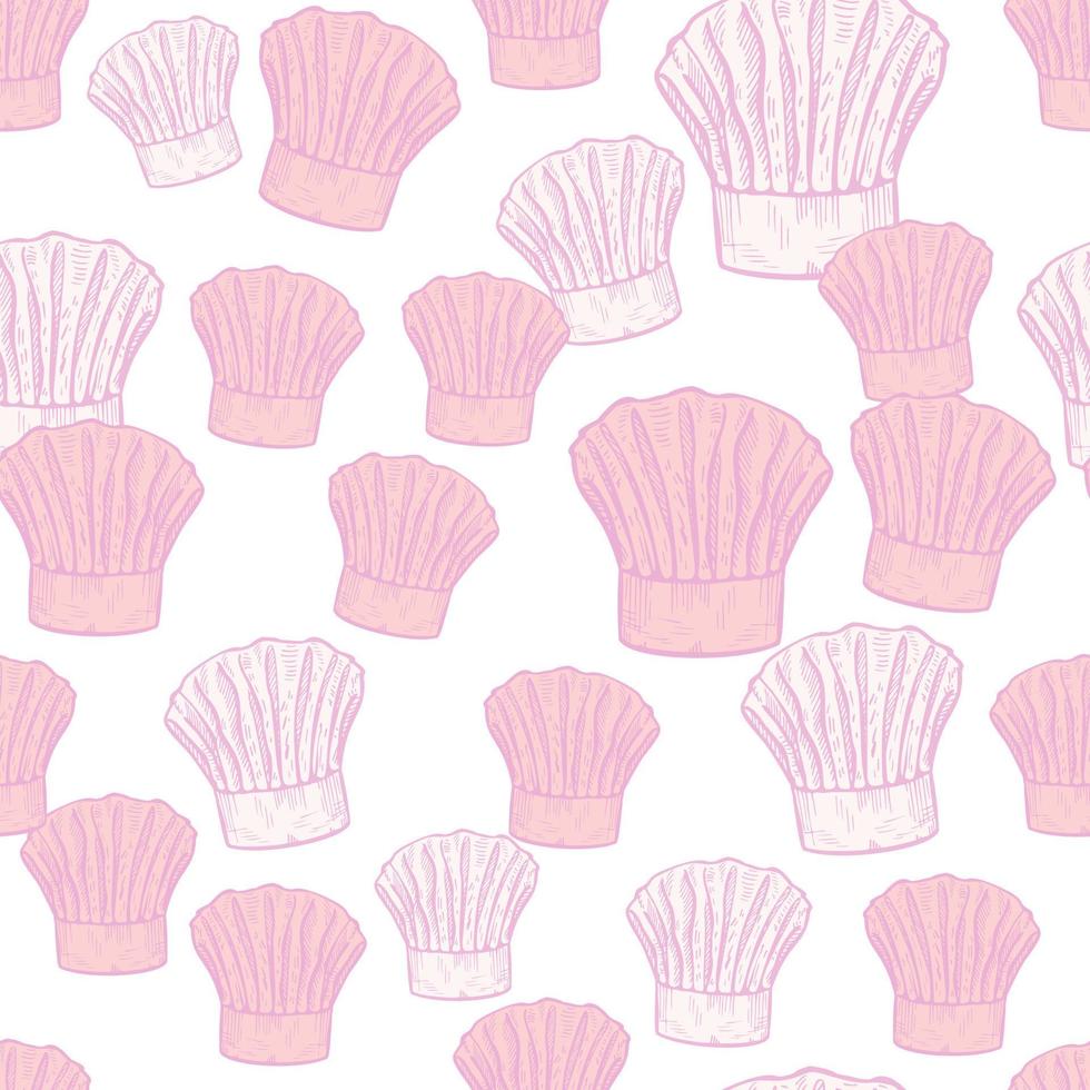 Chef hat engraved seamless pattern. Kitchen traditional element for cook in hand drawn style. vector