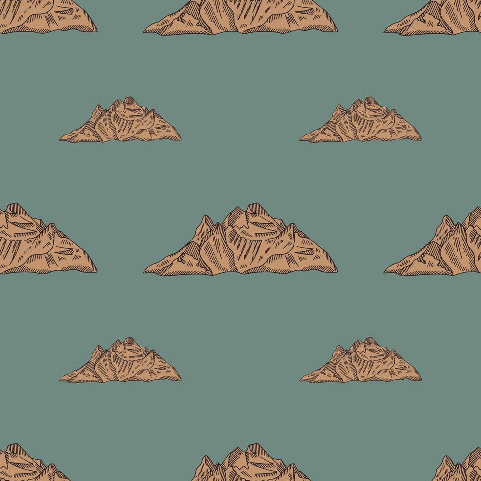 Mountain peak engraved seamless pattern. Vintage background rock landscape in hand drawn style. vector