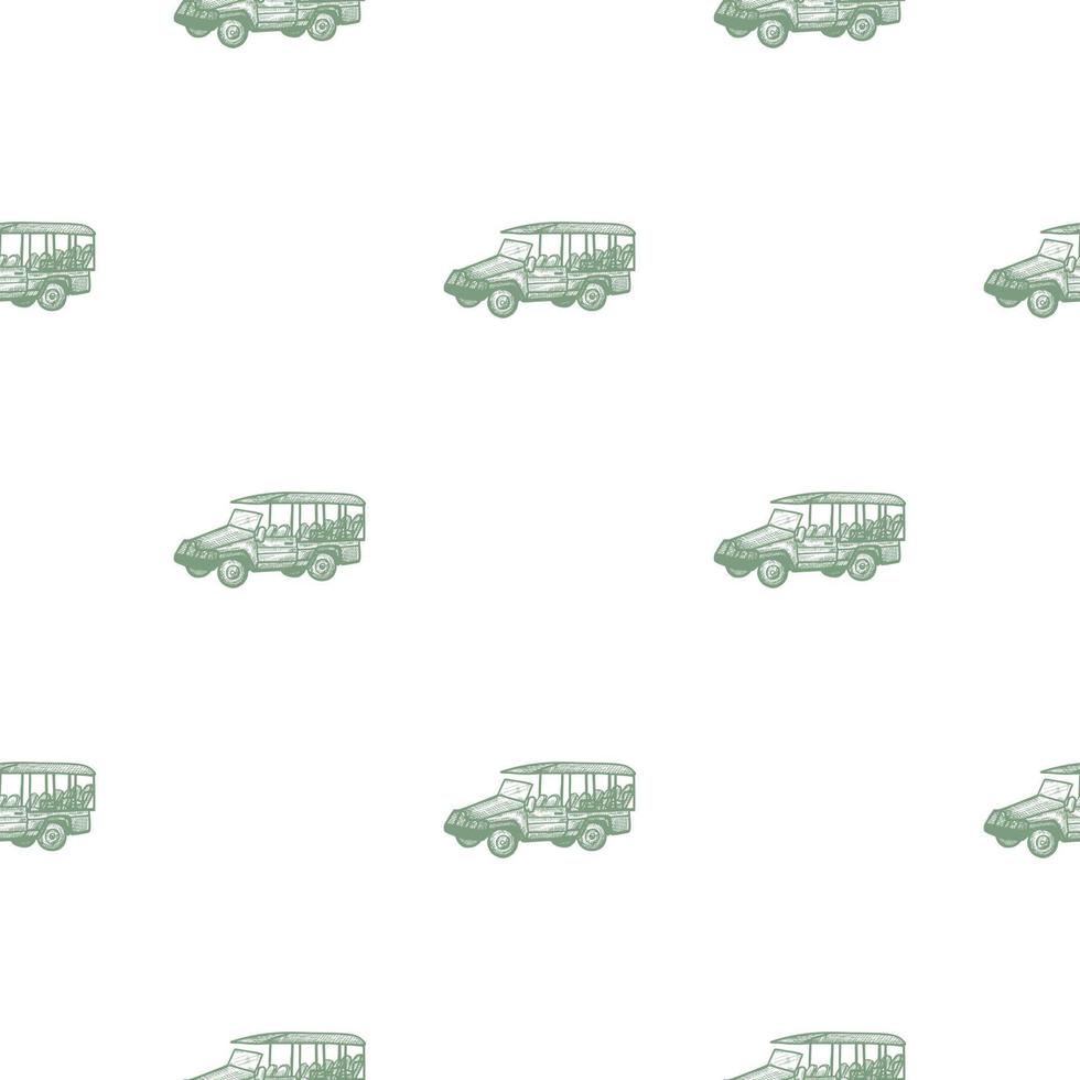 Safari bus engraved seamless pattern. Vintage adventure off road car in hand drawn style. vector