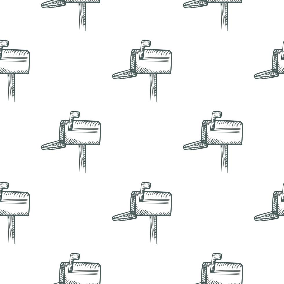 Mailbox engraved seamless pattern. Vintage letterbox in hand drawn style. vector