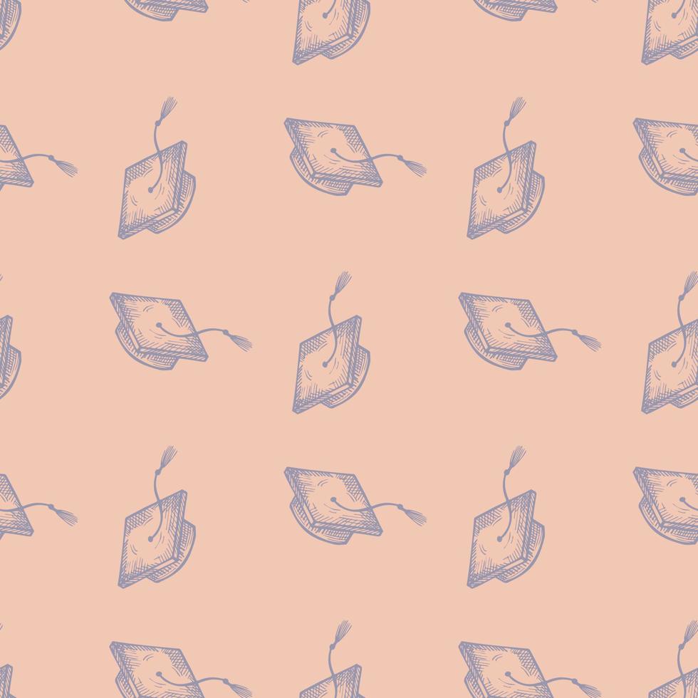 Graduate hats engraved seamless pattern. Vintage element education in hand drawn style. vector