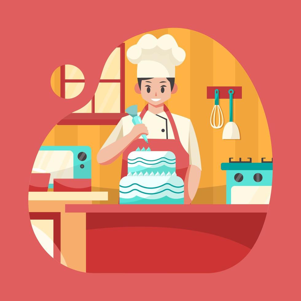 Cute Pattisier Chef Decorating a Beautiful Cake vector