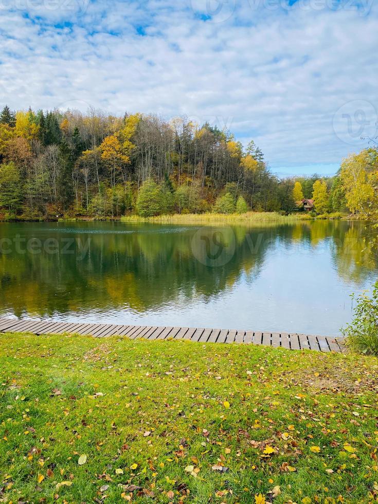 autumn landscape with trees, forest, and lake photo