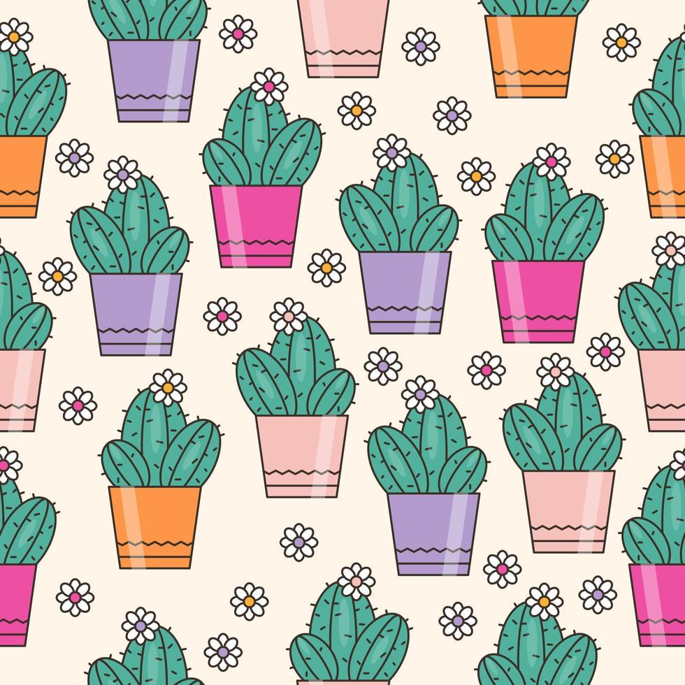 Seamless vector pattern with cute potted plants background with flower and cactus