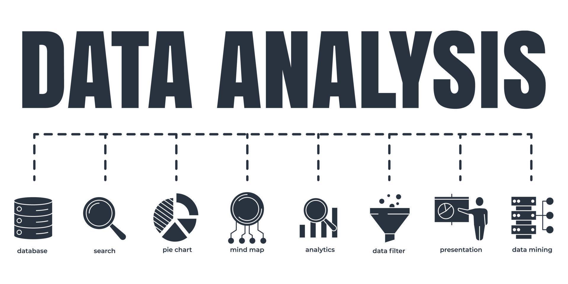 Data analysis banner web icon set. analytics, search, data mining, data filter, pie chart, presentation, mind map, database vector illustration concept.