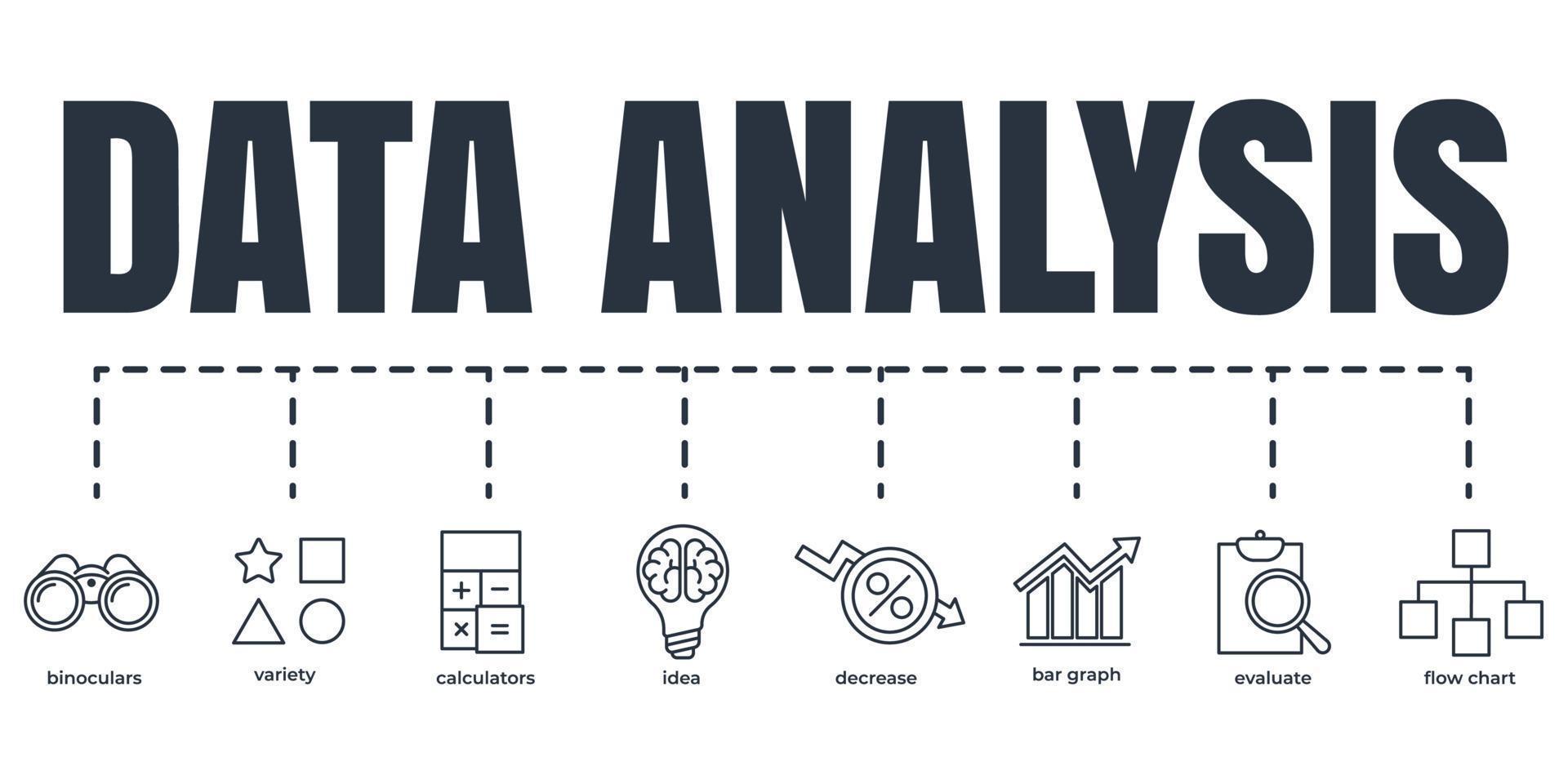 Data analysis banner web icon set. binoculars, flow chart, bar graph, variety, calculators, idea, evaluate, decrease vector illustration concept.