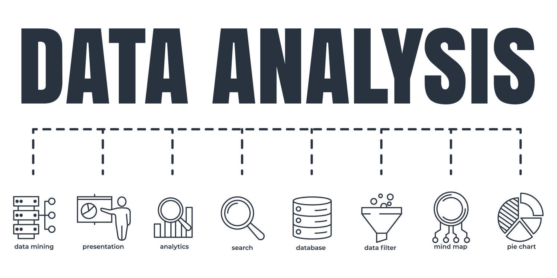 Data analysis banner web icon set. analytics, search, data mining, data filter, pie chart, presentation, mind map, database vector illustration concept.