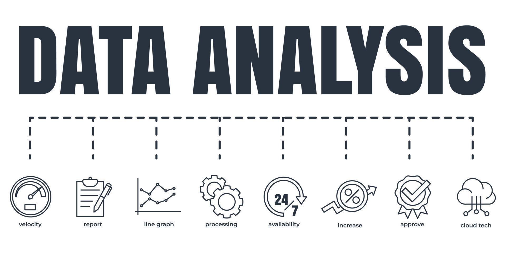 Data analysis banner web icon set. increase, velocity, processing, availability, line graph, cloud tech, approve, report vector illustration concept.