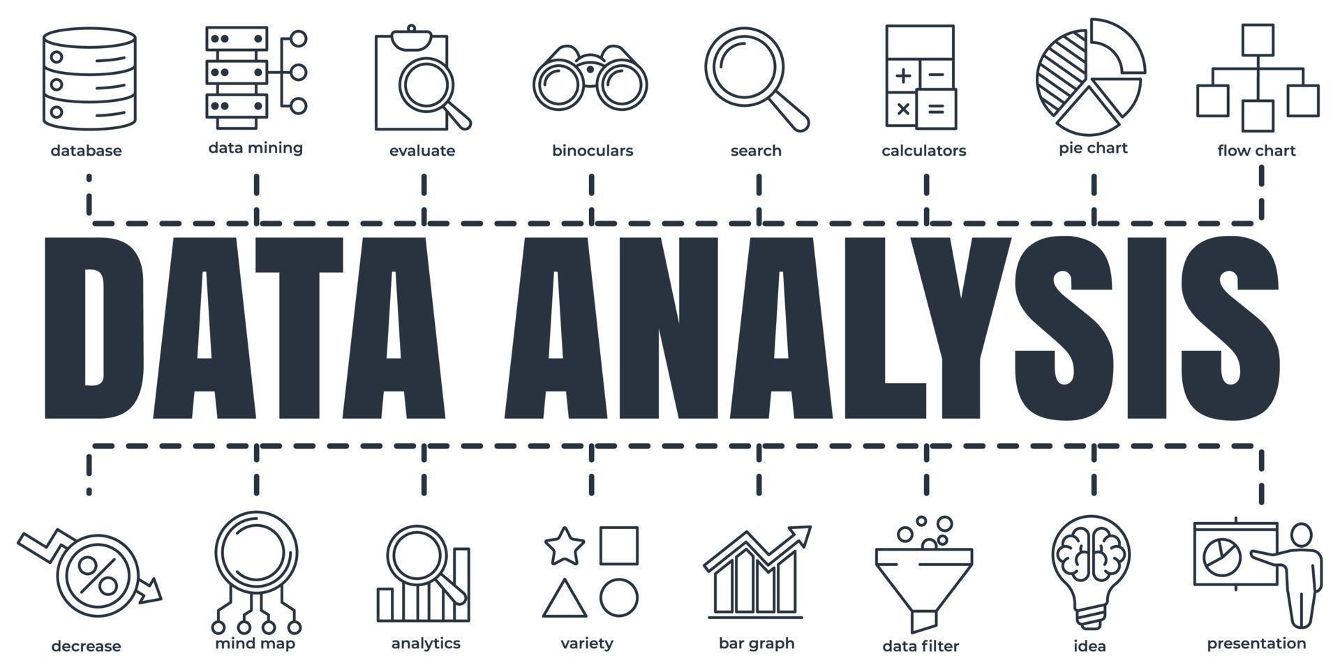 Data analysis banner web icon set. analytics, search, data mining, data filter, pie chart, and etc vector illustration concept.