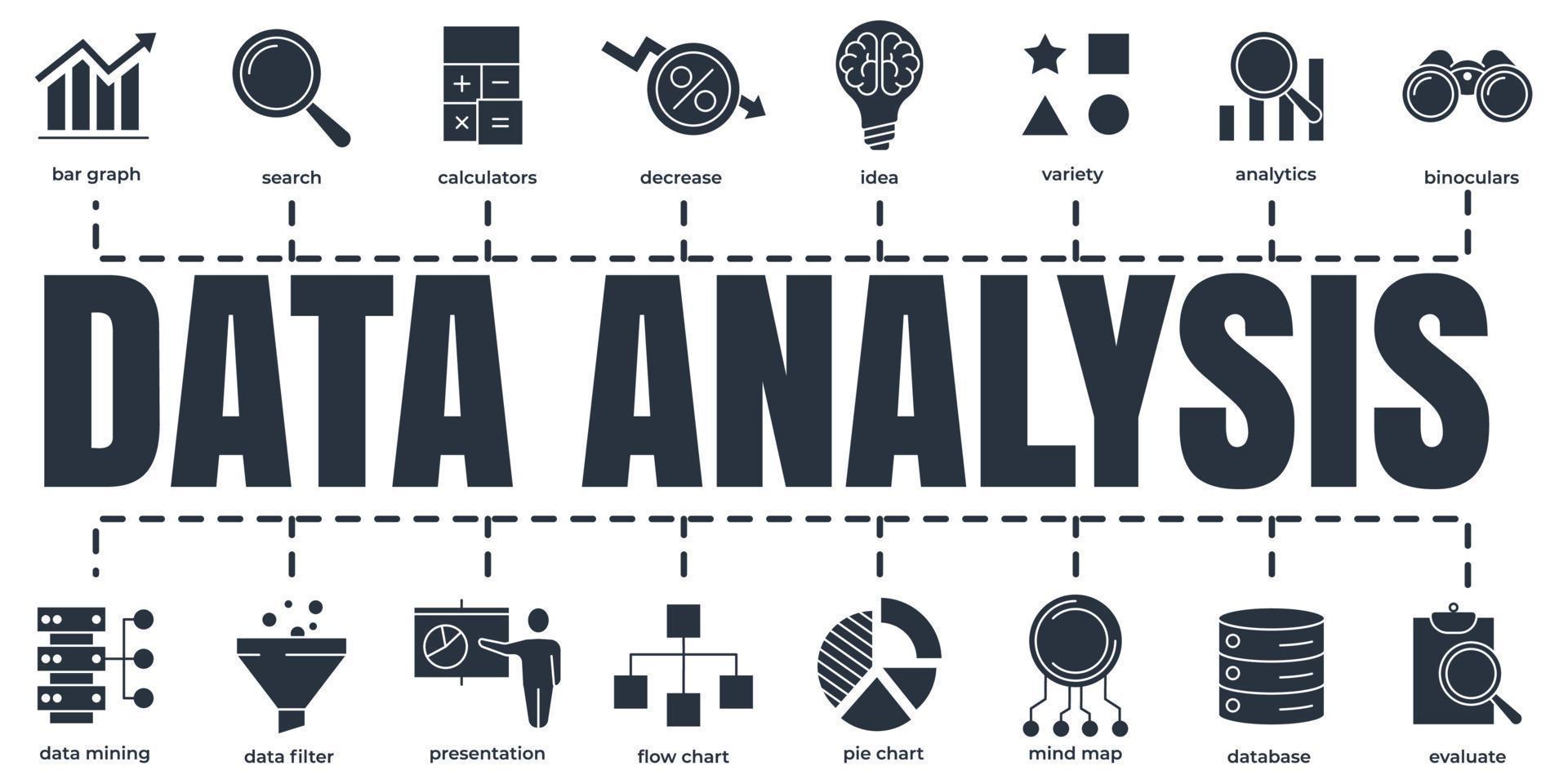 Data analysis banner web icon set. analytics, search, data mining, data filter, pie chart, and etc vector illustration concept.