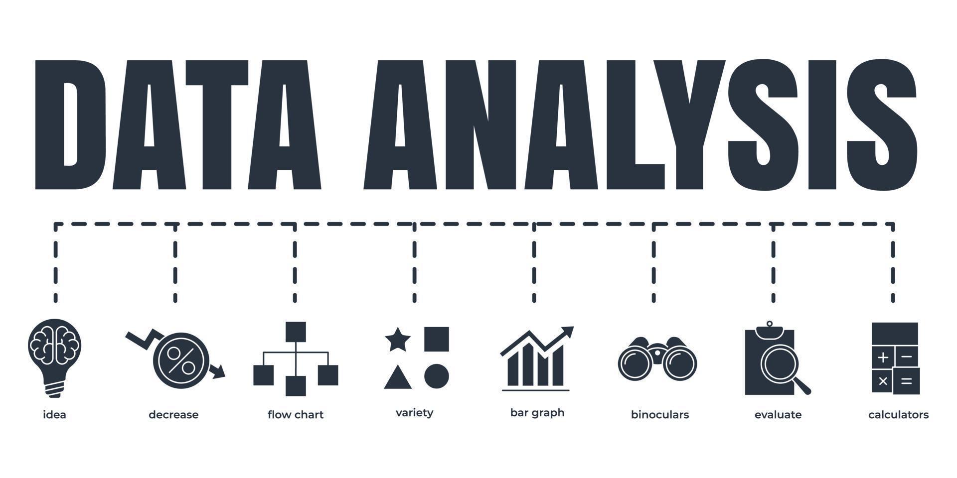 Data analysis banner web icon set. binoculars, flow chart, bar graph, variety, calculators, idea, evaluate, decrease vector illustration concept.