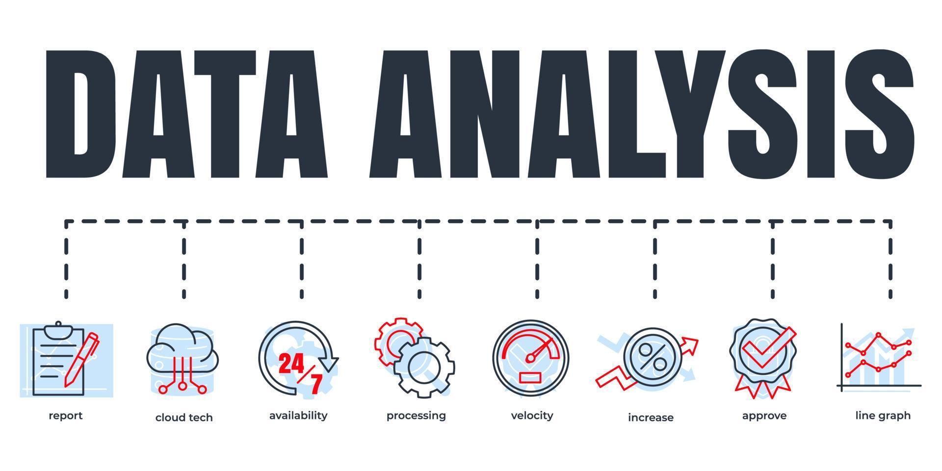 conjunto de iconos web de banner de análisis de datos. aumentar, velocidad, procesamiento, disponibilidad, gráfico de líneas, tecnología en la nube, aprobar, informar el concepto de ilustración vectorial. vector