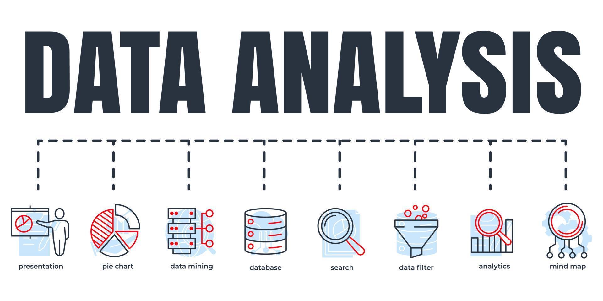 Data analysis banner web icon set. analytics, search, data mining, data filter, pie chart, presentation, mind map, database vector illustration concept.