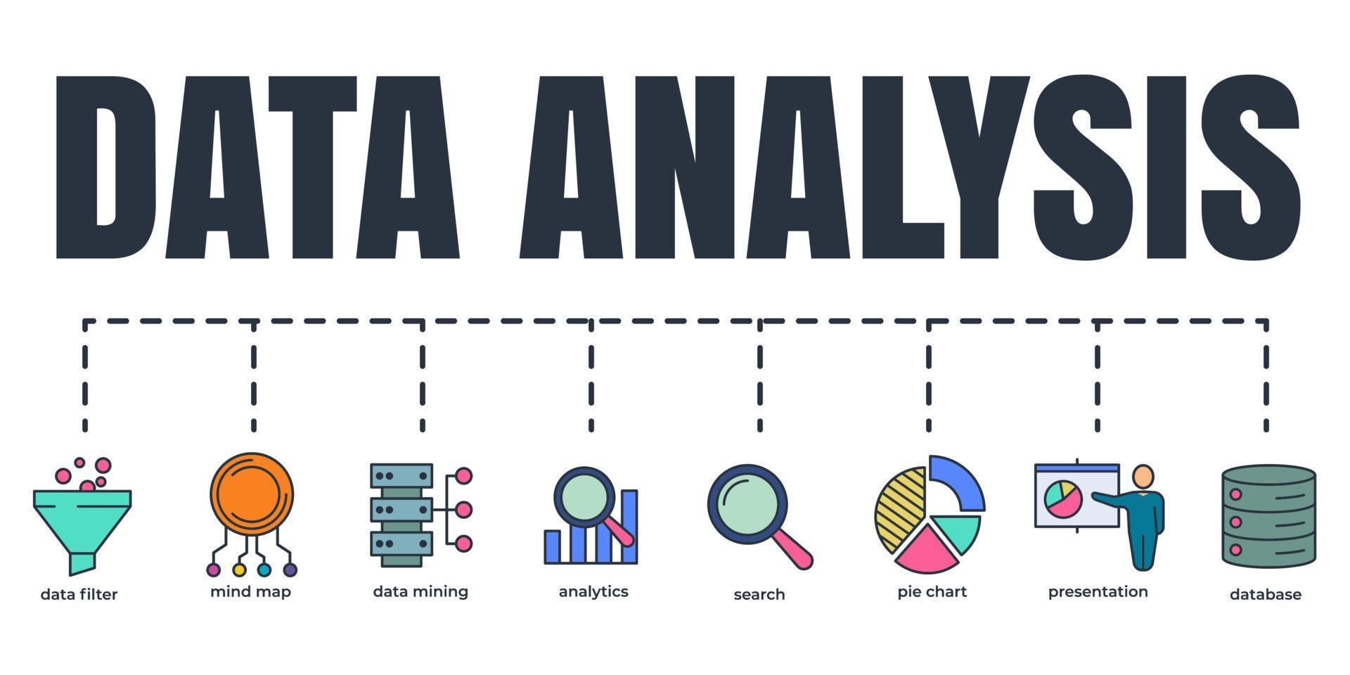 Data analysis banner web icon set. analytics, search, data mining, data filter, pie chart, presentation, mind map, database vector illustration concept.