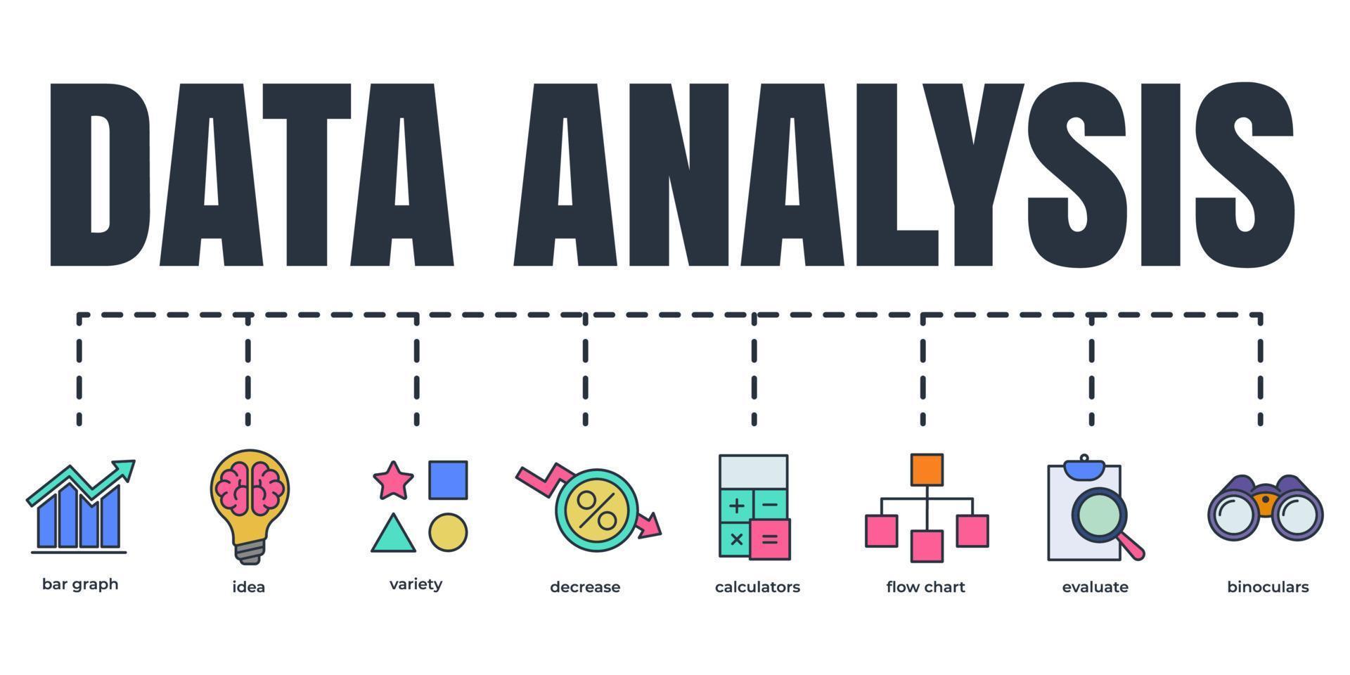 conjunto de iconos web de banner de análisis de datos. binoculares, diagrama de flujo, gráfico de barras, variedad, calculadoras, idea, evaluar, disminuir el concepto de ilustración vectorial. vector