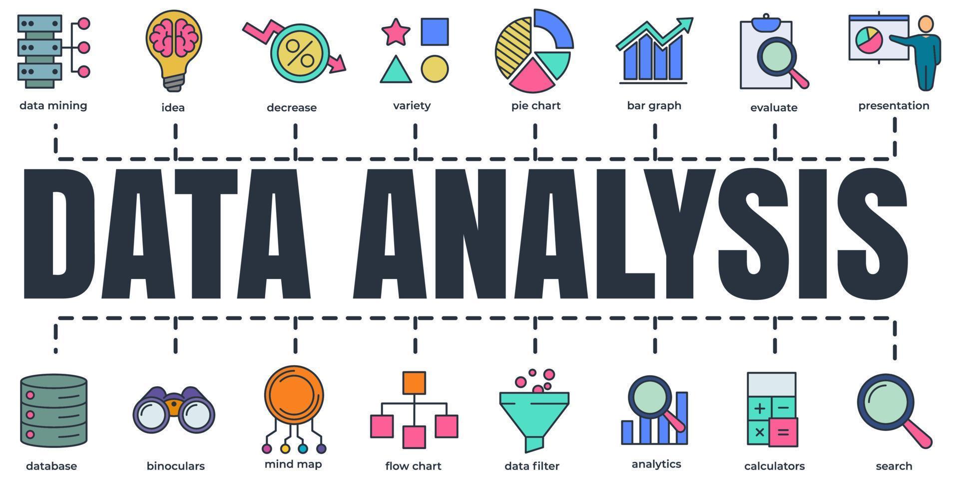 Data analysis banner web icon set. analytics, search, data mining, data filter, pie chart, and etc vector illustration concept.