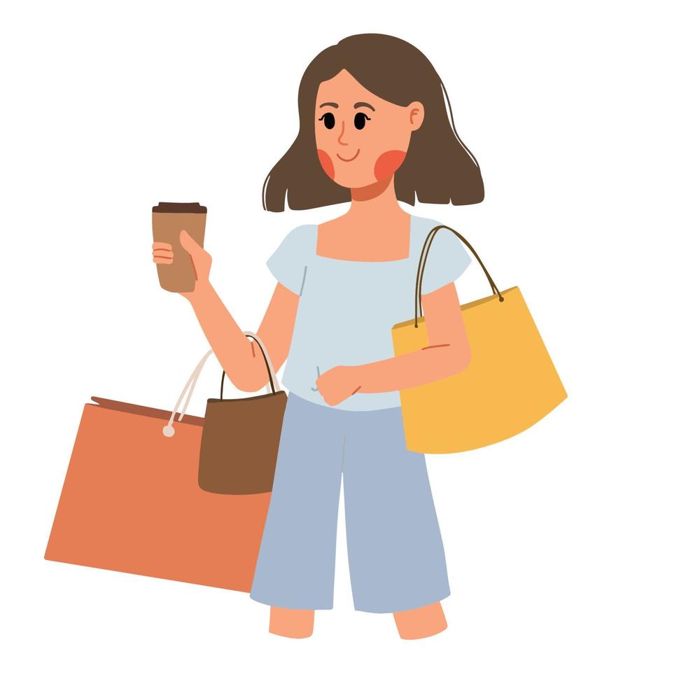 mujer de compras con muchas bolsas de compras y sosteniendo una ilustración de café vector