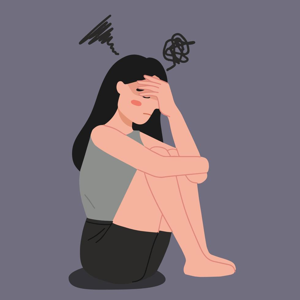 mujer sintiéndose deprimida mientras sostiene su cabeza ilustración vector