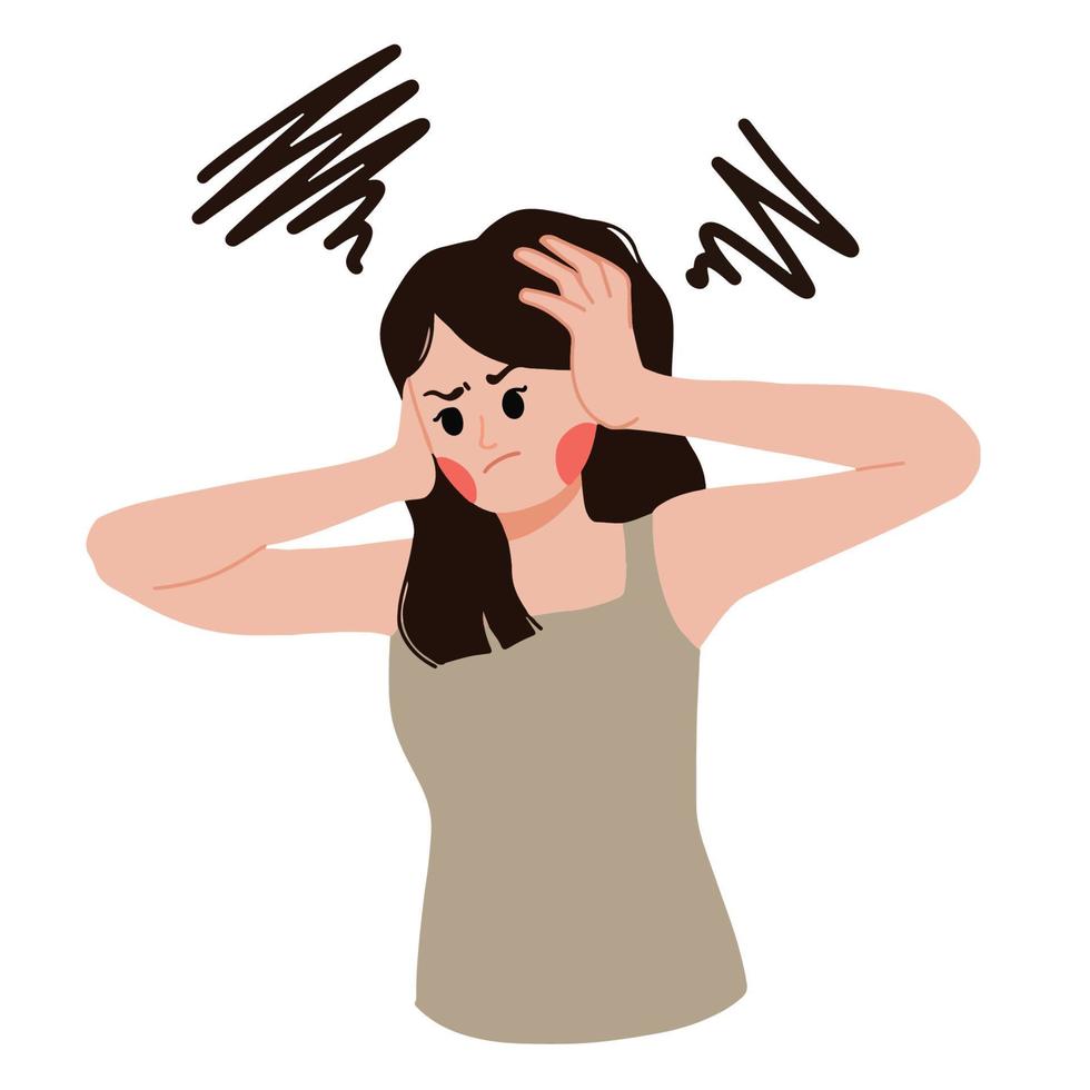 a portrait of headache woman holding her head with stressed and frustrated gestures illustration vector