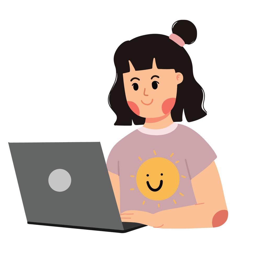 a woman online school with laptop working and studying virtual illustration vector